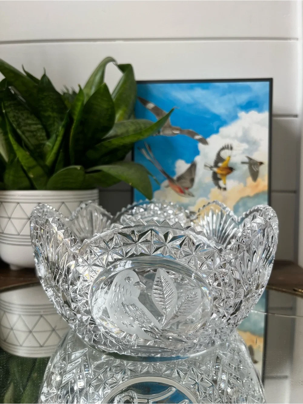 vintage Hofbauer crystal cut bird design bowl from